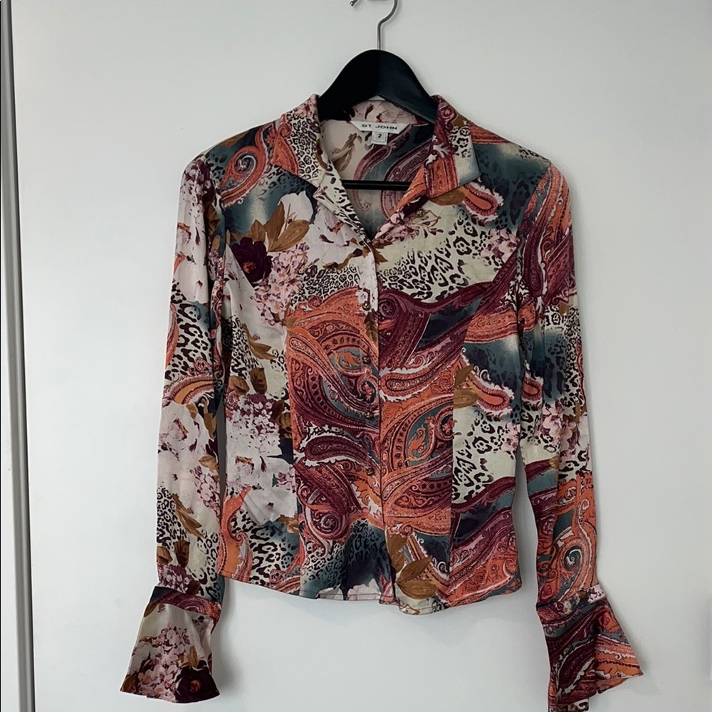 St. John Orange and Purple Graphic Bell Sleeve Blouse